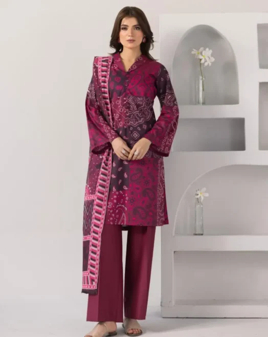 Stitched Lawn 3 Piece Digital Print Dress with Cotton Net Dupatta – Magenta Paisley