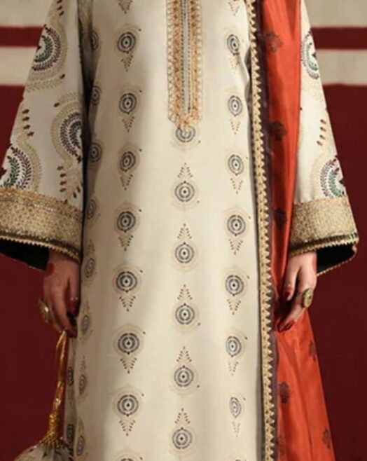 Airjet Lawn 3 Piece Suit with Lawn Dupatta – Off-White & Orange Motif Print