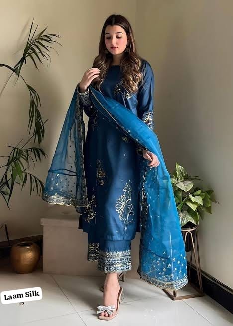 Unstitched Laam Silk 3 Piece Suit with Organza Dupatta