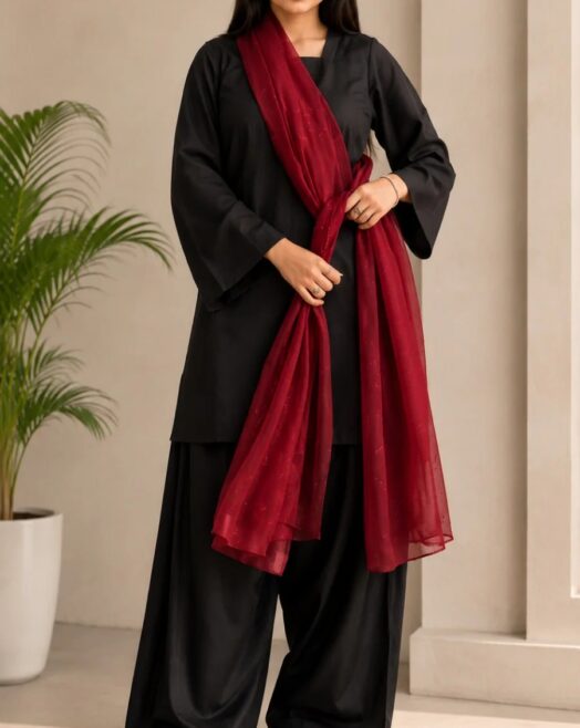 Stitched Black Cotton 3 Piece Suit