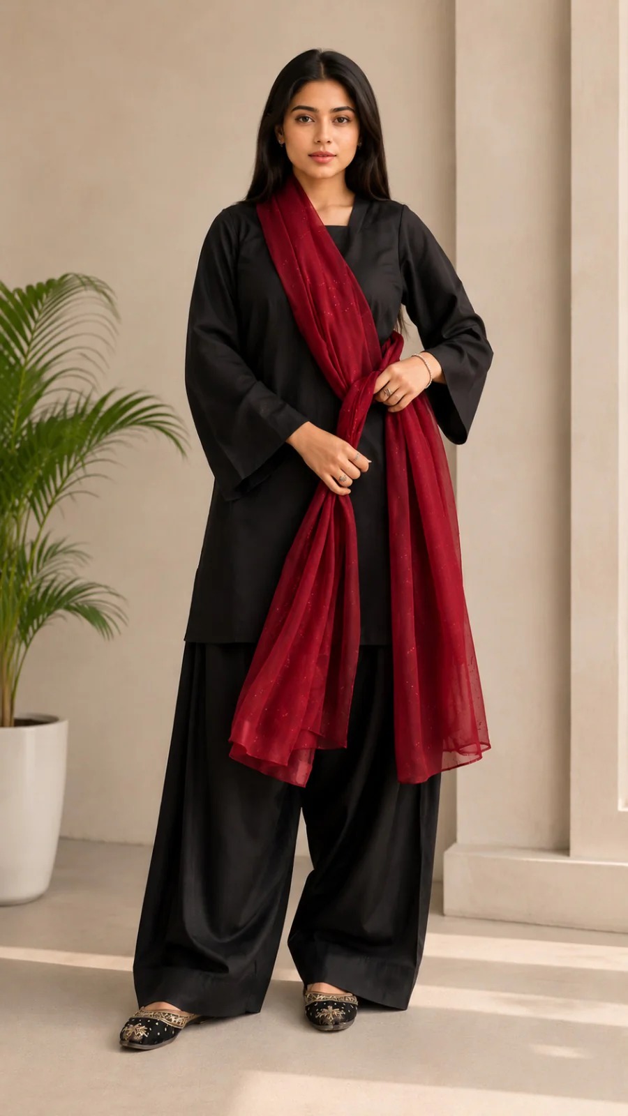 Stitched Black Cotton 3 Piece Suit