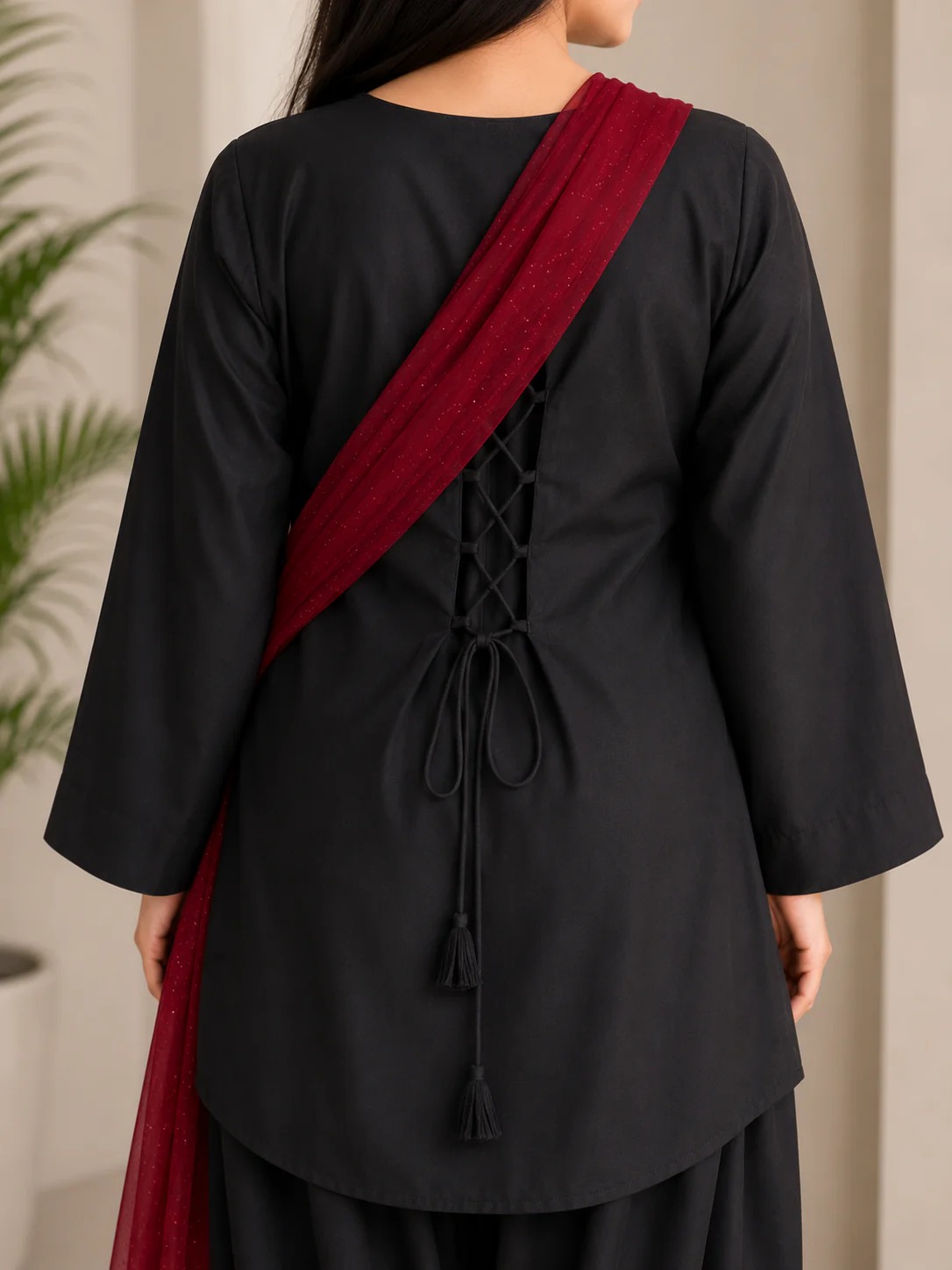 Stitched Black Cotton 3 Piece Suit