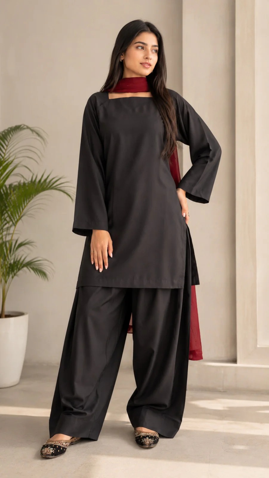 Stitched Black Cotton 3 Piece Suit