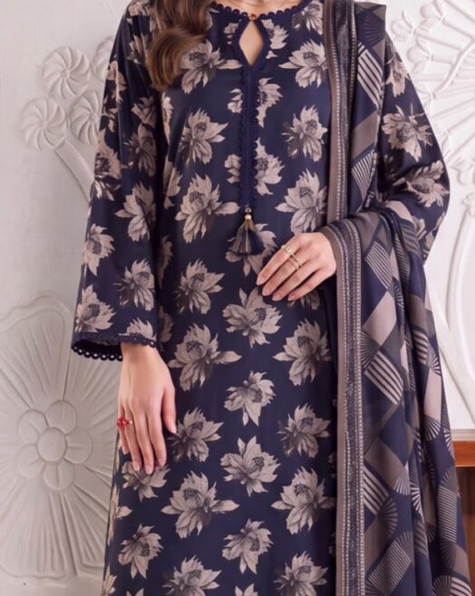 Emirah Bahar Unstitched 3 Piece Printed Lawn Suit with Voile Dupatta – Dark Blue Floral