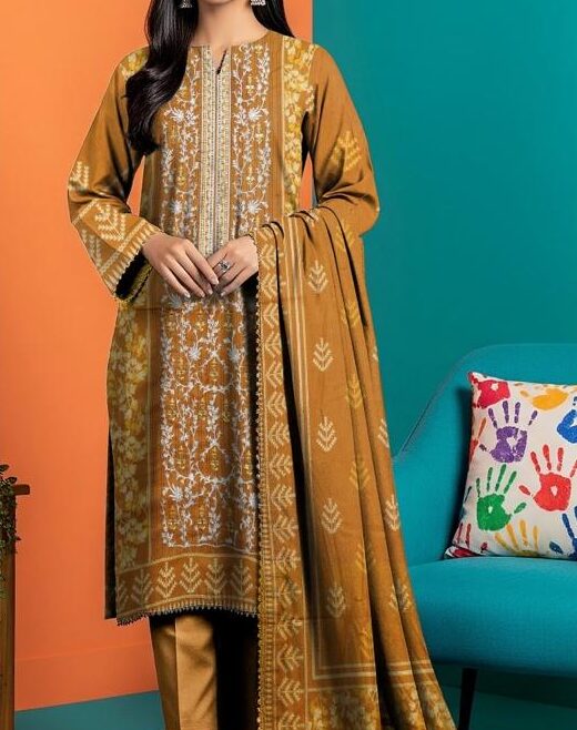 Unstitched 3 Piece Embroidered Airjet Lawn Suit with Lawn Dupatta – Mustard Yellow