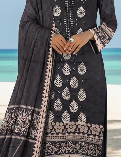 Unstitched 3 Piece Embroidered Airjet Lawn Suit with Lawn Dupatta – Black