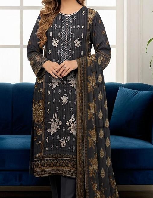 Unstitched 3 Piece Embroidered Airjet Lawn Suit with Lawn Dupatta – Dark Grey