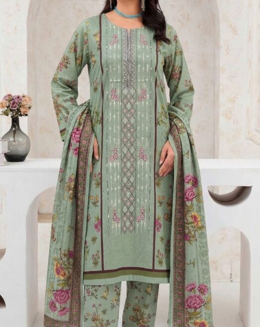 Unstitched 3 Piece Embroidered Airjet Lawn Suit with Lawn Dupatta – Sea Green