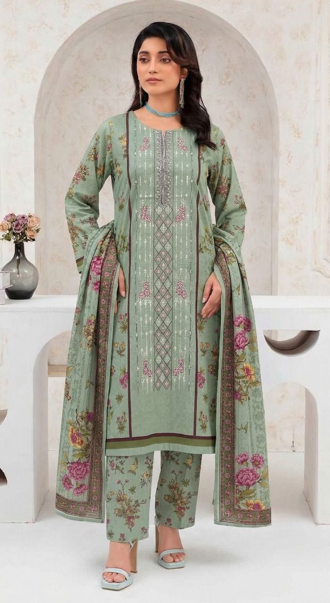 Unstitched 3 Piece Embroidered Airjet Lawn Suit with Lawn Dupatta – Sea Green