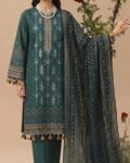 Unstitched 3 Piece Embroidered Airjet Lawn Suit with Lawn Dupatta – Teal Green