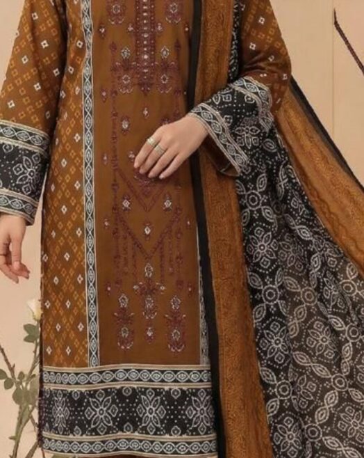 Unstitched 3 Piece Embroidered Airjet Lawn Suit with Lawn Dupatta – Brown