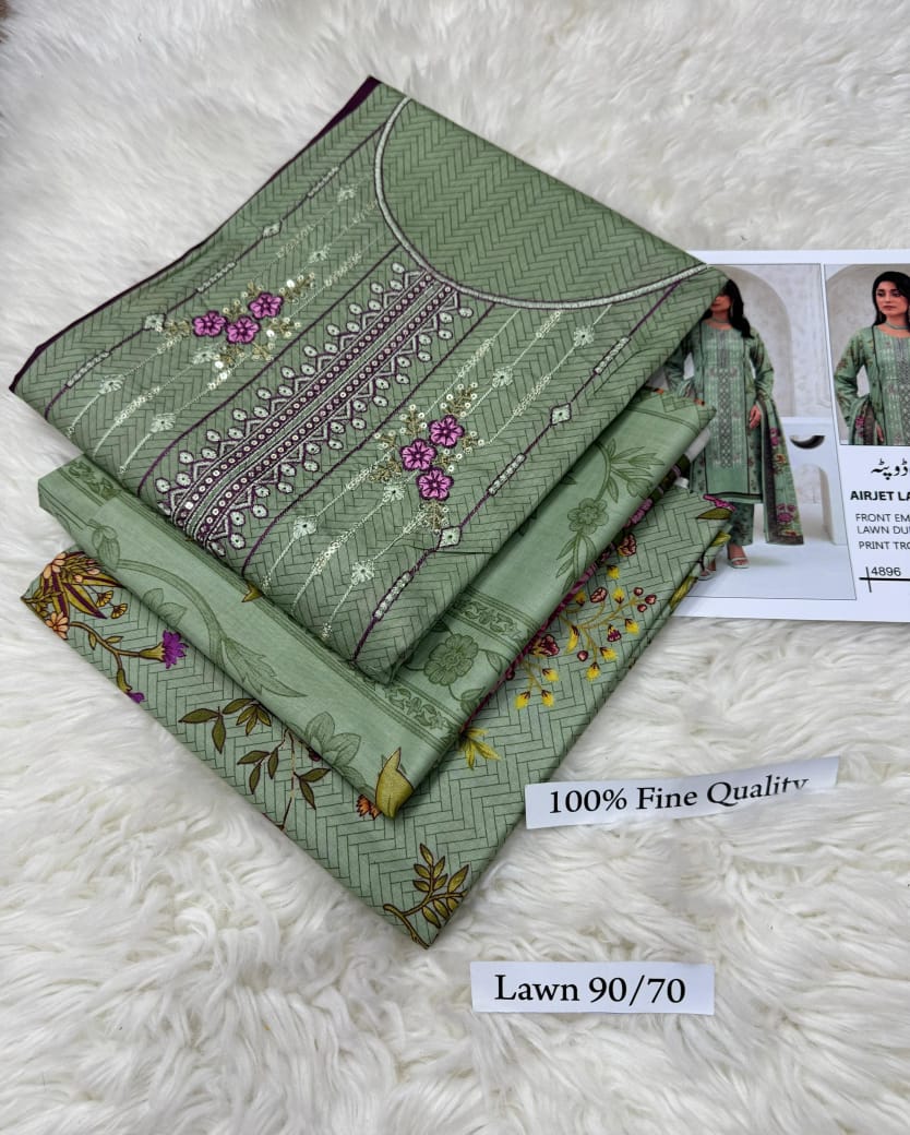 Unstitched 3 Piece Embroidered Airjet Lawn Suit with Lawn Dupatta – Sea Green