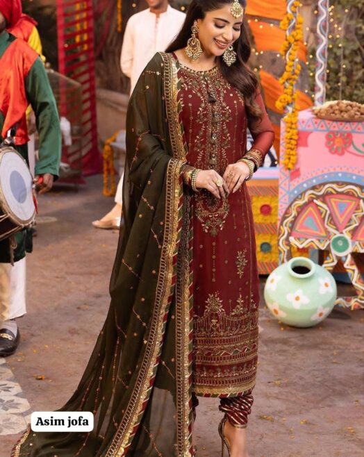 Unstitched 3 Piece Heavy Embroidered Chiffon Suit with Chiffon Dupatta – Olive Green