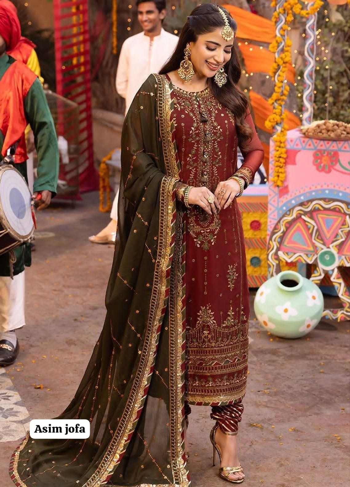 Unstitched 3 Piece Heavy Embroidered Chiffon Suit with Chiffon Dupatta – Olive Green