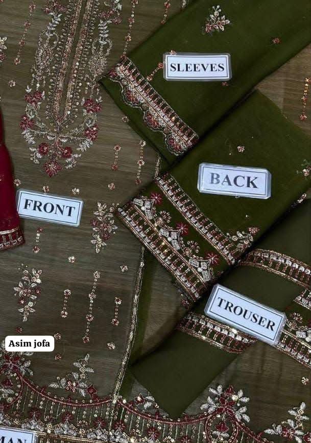 Unstitched 3 Piece Heavy Embroidered Chiffon Suit with Chiffon Dupatta – Olive Green