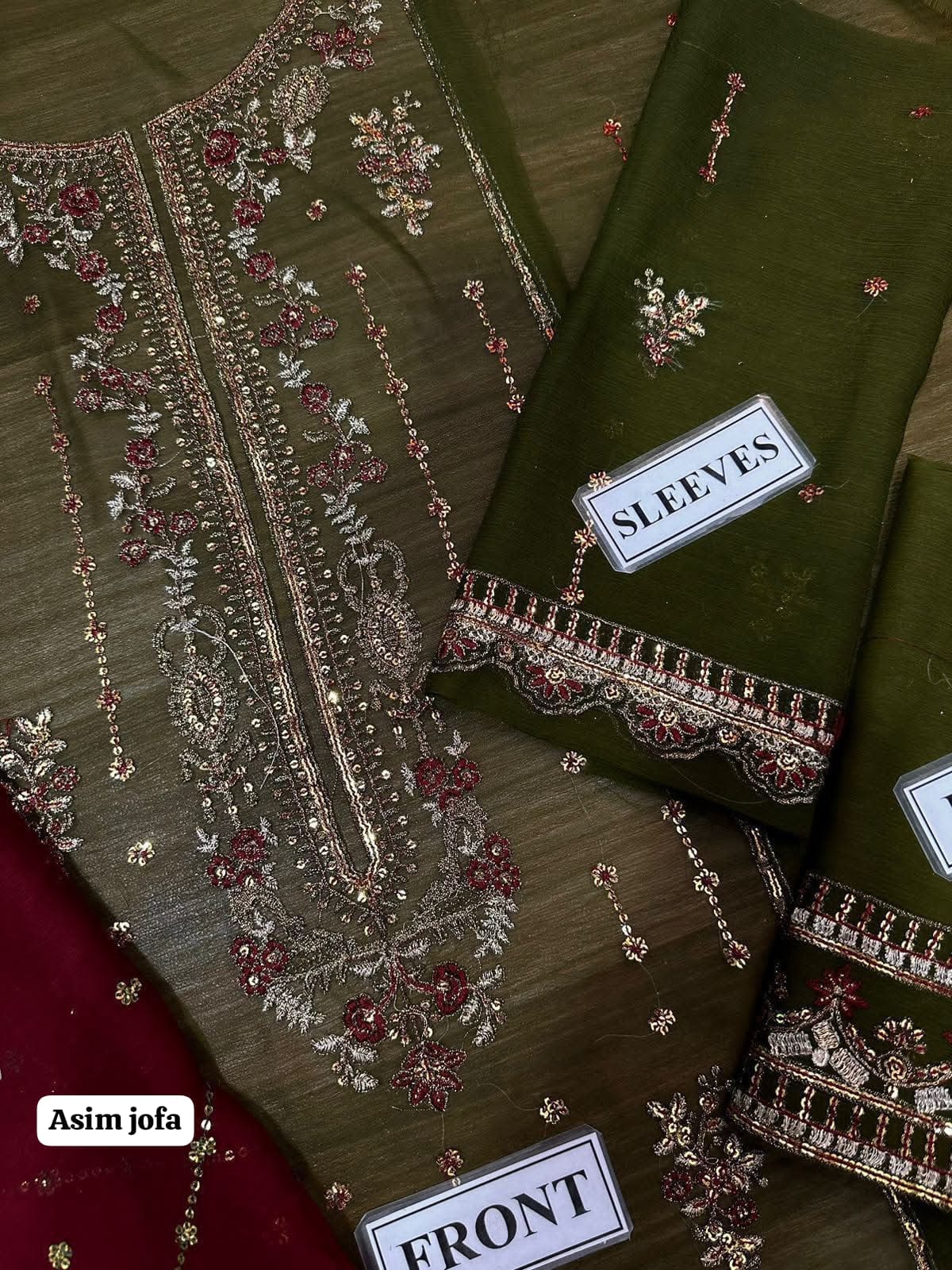 Unstitched 3 Piece Heavy Embroidered Chiffon Suit with Chiffon Dupatta – Olive Green