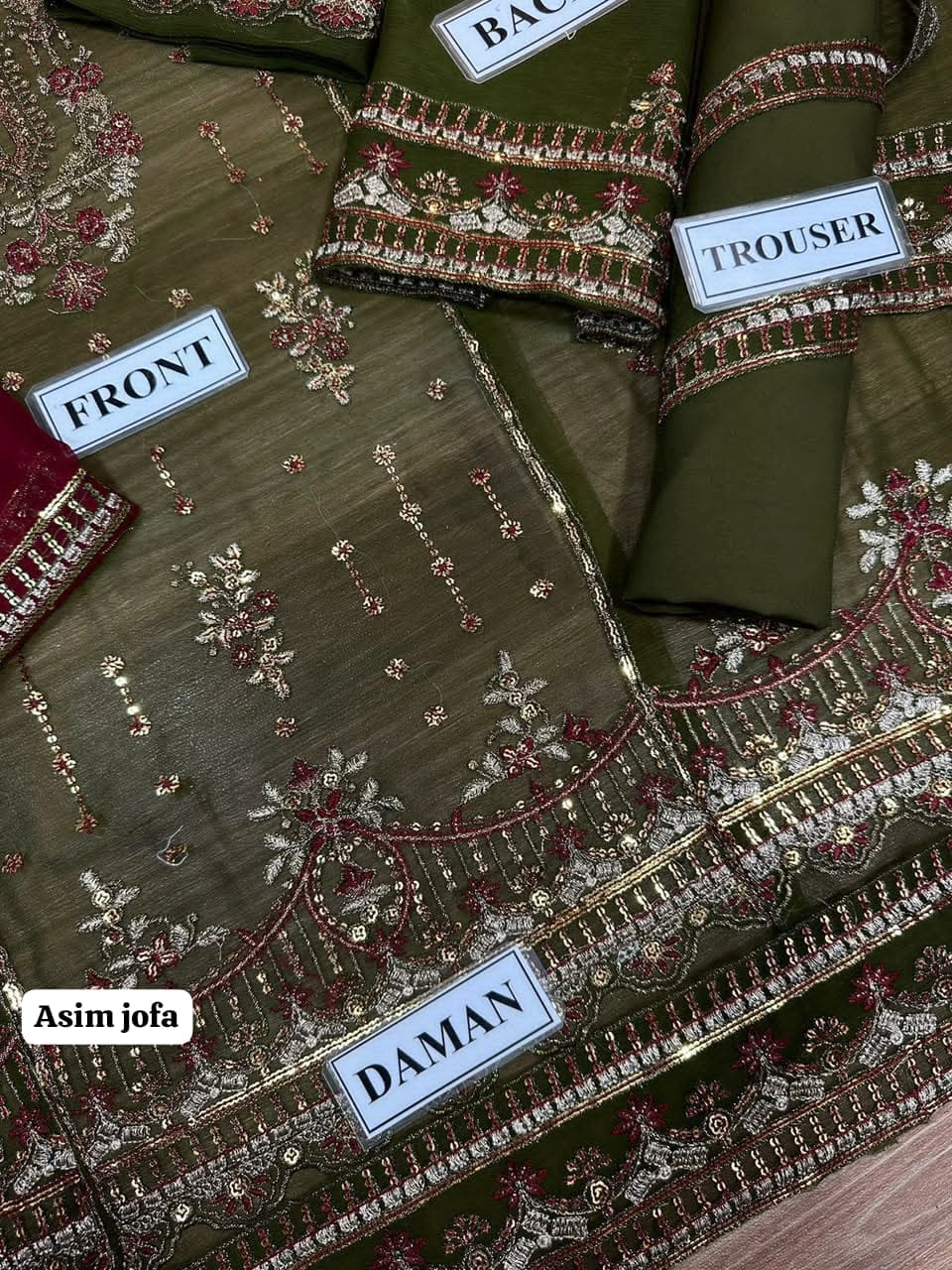 Unstitched 3 Piece Heavy Embroidered Chiffon Suit with Chiffon Dupatta – Olive Green