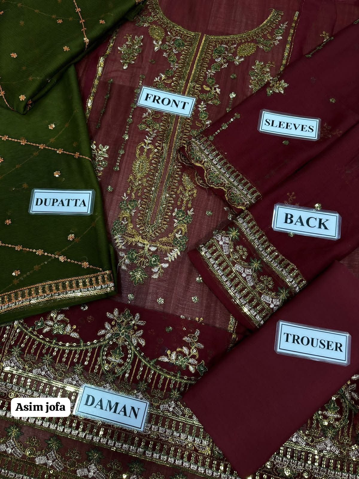 Unstitched 3 Piece Heavy Embroidered Chiffon Suit with Chiffon Dupatta – Olive Green