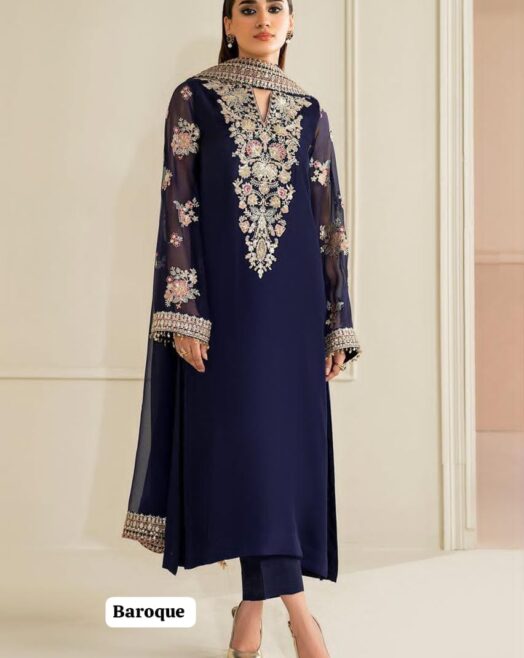 Unstitched 3 Piece Embroidered Chiffon Suit featuring an intricately embroidered sequence neckline and borders on a dark green base, paired with a matching chiffon dupatta and dyed Malai trouser.