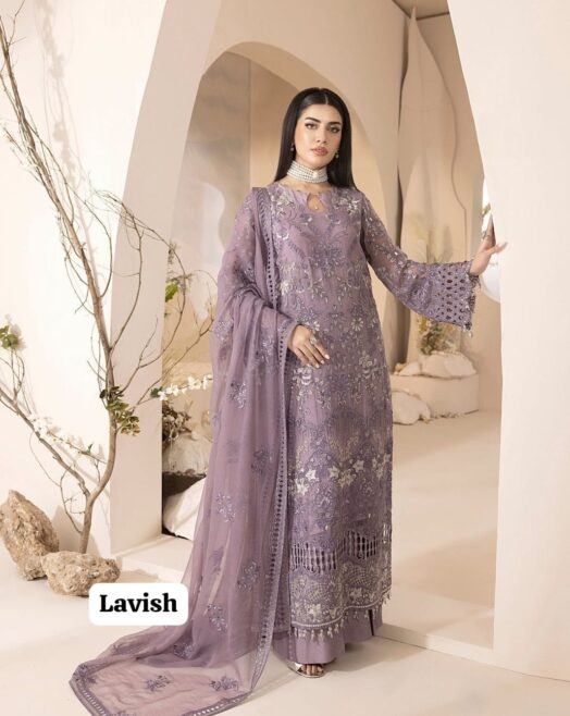 Lavish Premium Unstitched 3 Piece Embroidered Chiffon Suit with Silk Trouser – Mauve