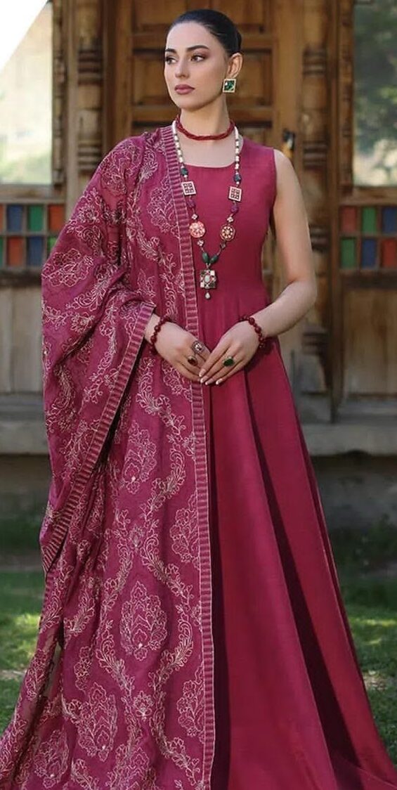 Unstitched 3 Piece Embroidered Suit with Embroidered Shawl – Plum