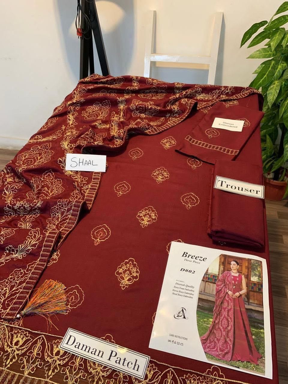 Unstitched 3 Piece Embroidered Suit with Embroidered Shawl – Plum