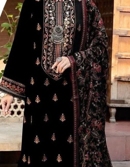 Dhanak Unstitched 3 Piece Embroidered Suit with Embroidered Shawl – Black