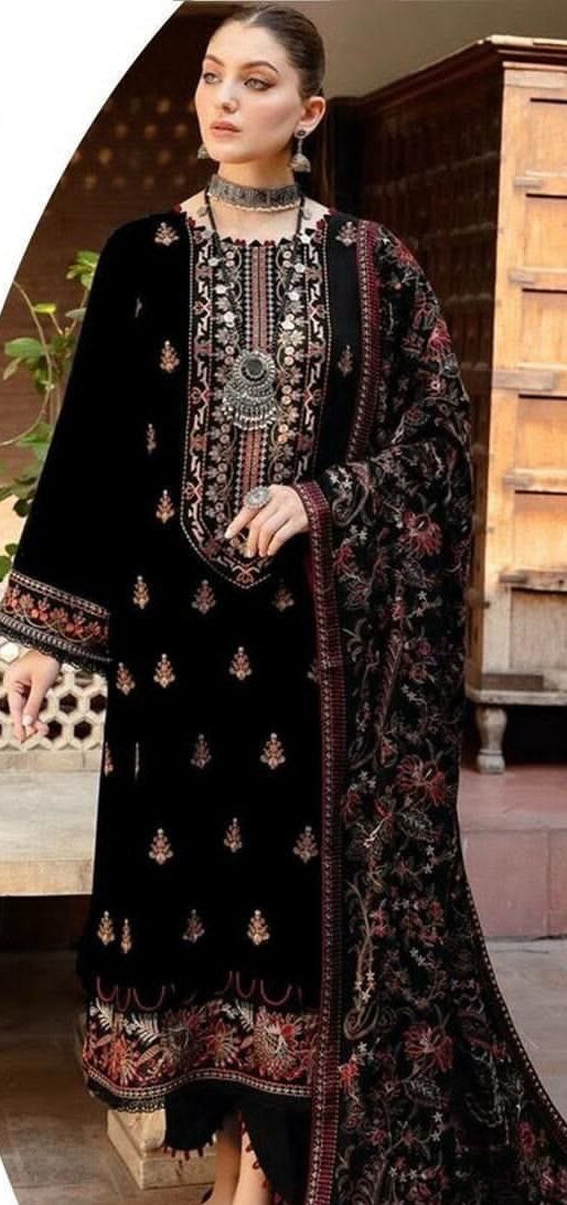 Dhanak Unstitched 3 Piece Embroidered Suit with Embroidered Shawl – Black
