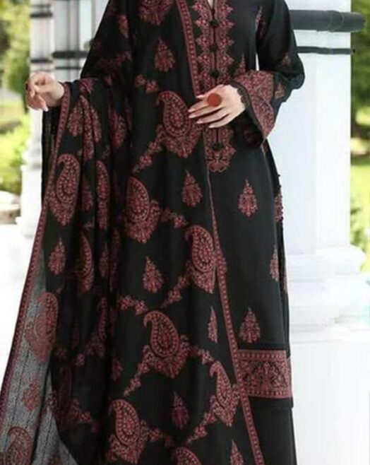 Dhanak Unstitched 3 Piece Embroidered Suit with Embroidered Shawl – Black