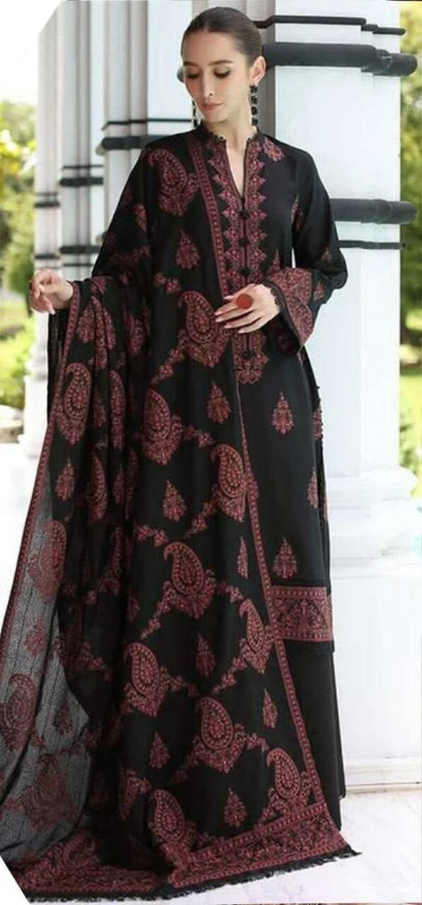 Dhanak Unstitched 3 Piece Embroidered Suit with Embroidered Shawl – Black
