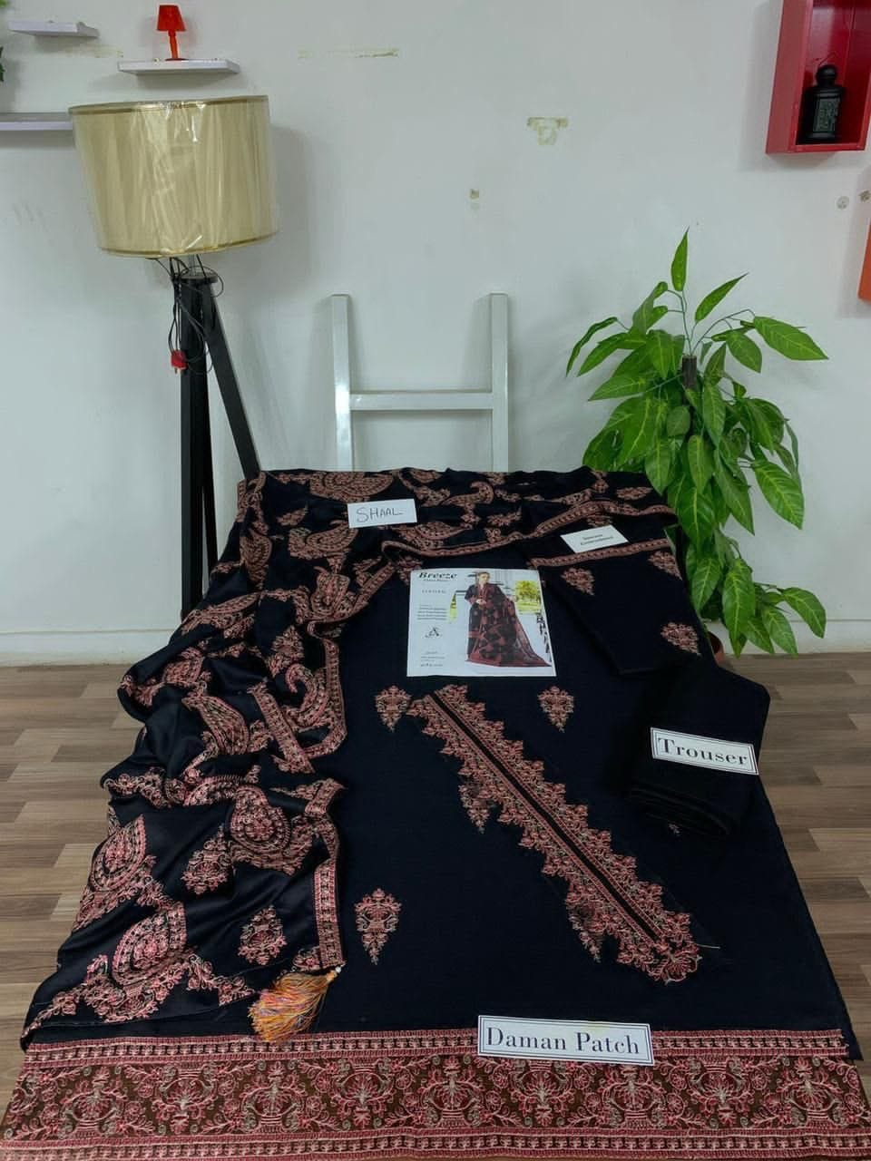 Dhanak Unstitched 3 Piece Embroidered Suit with Embroidered Shawl – Black