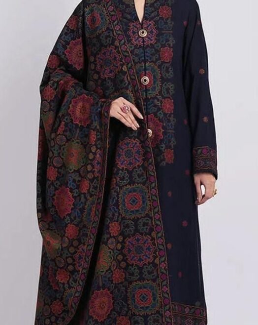Bareeze Dhanak Unstitched 3 Piece Embroidered Suit with Embroidered Shawl – Navy Blue - 02