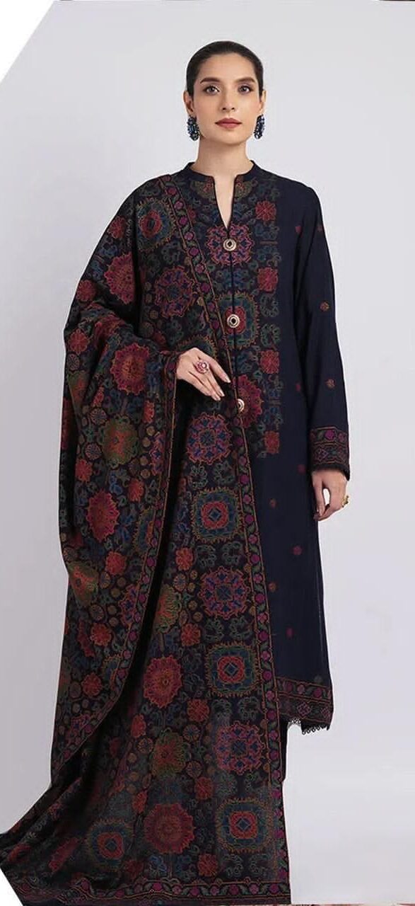 Bareeze Dhanak Unstitched 3 Piece Embroidered Suit with Embroidered Shawl – Navy Blue - 02