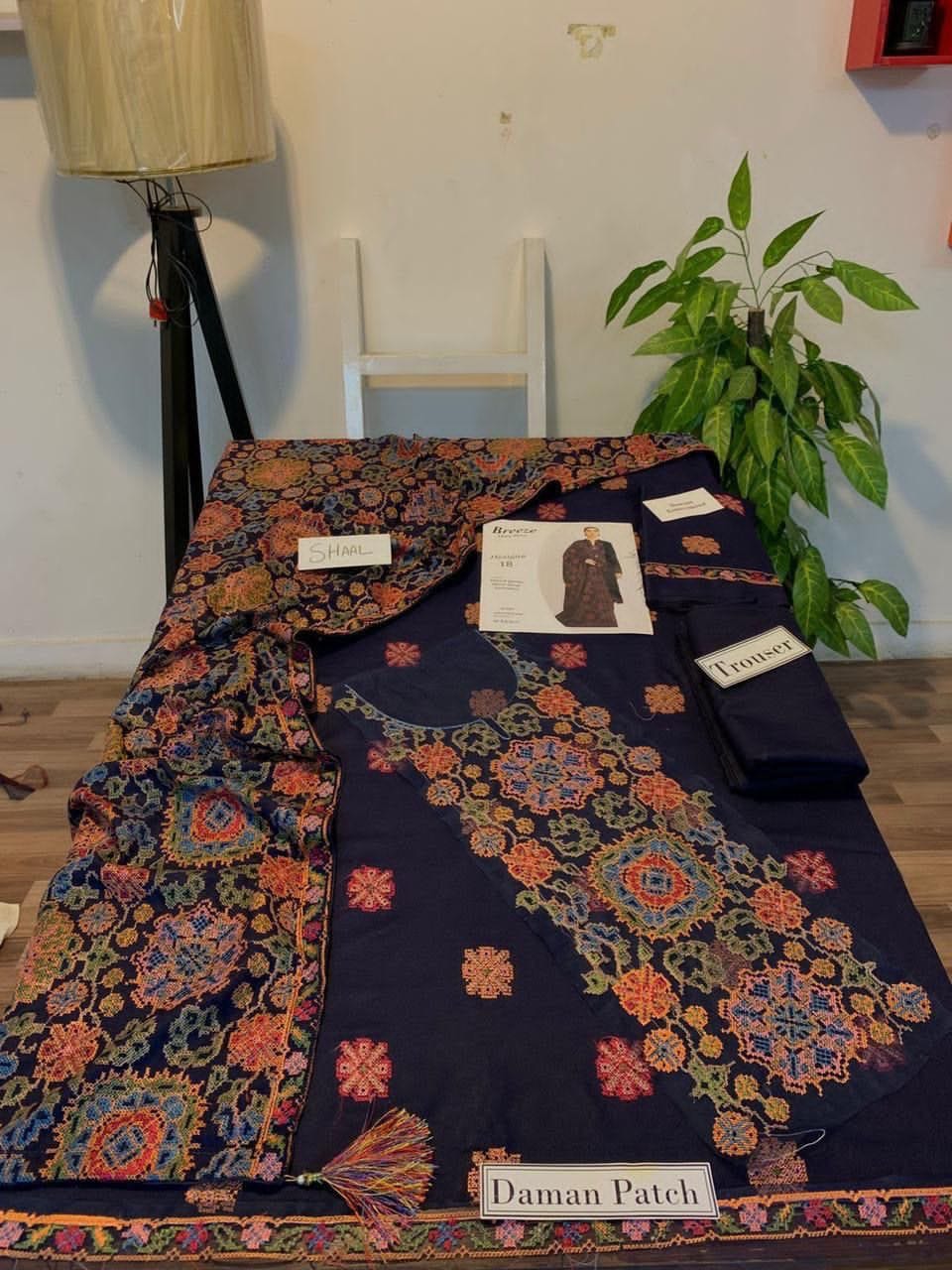 Bareeze Dhanak Unstitched 3 Piece Embroidered Suit with Embroidered Shawl – Navy Blue - 02