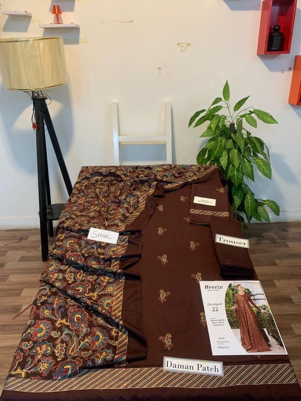 Dhanak Unstitched 3 Piece Embroidered Suit with Embroidered Shawl – Brown