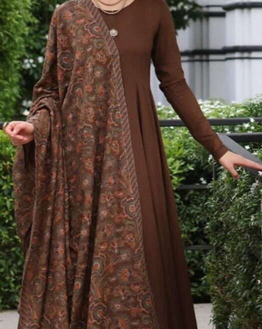 Dhanak Unstitched 3 Piece Embroidered Suit with Embroidered Shawl – Brown
