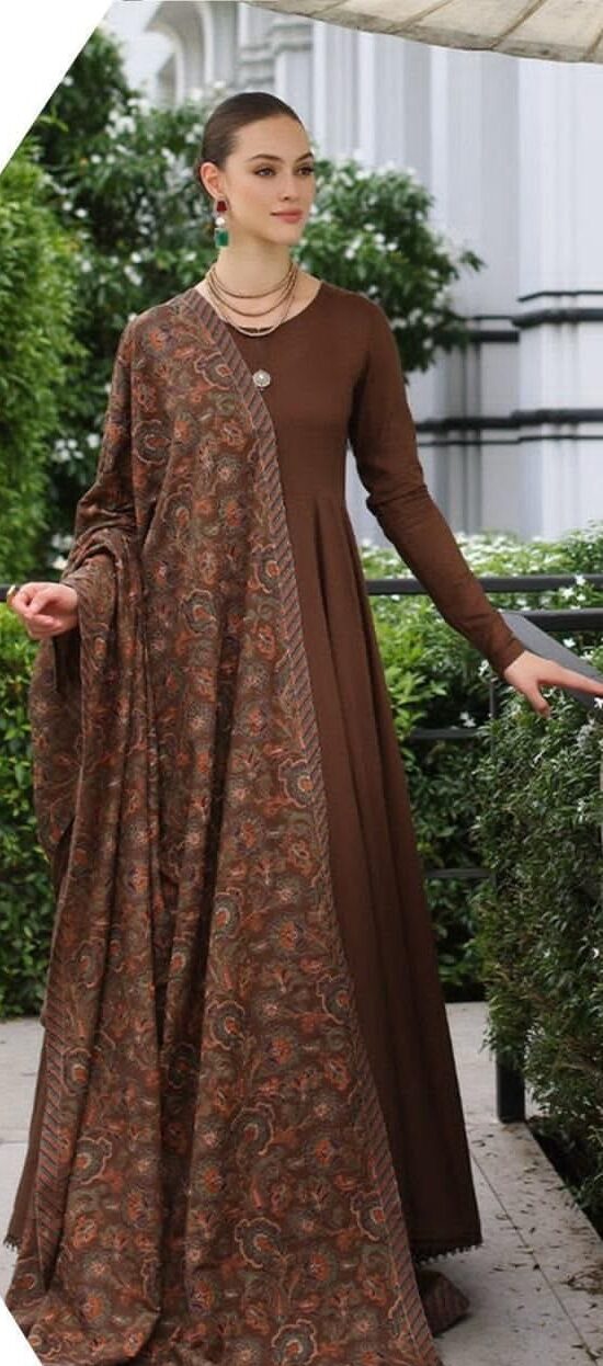 Dhanak Unstitched 3 Piece Embroidered Suit with Embroidered Shawl – Brown