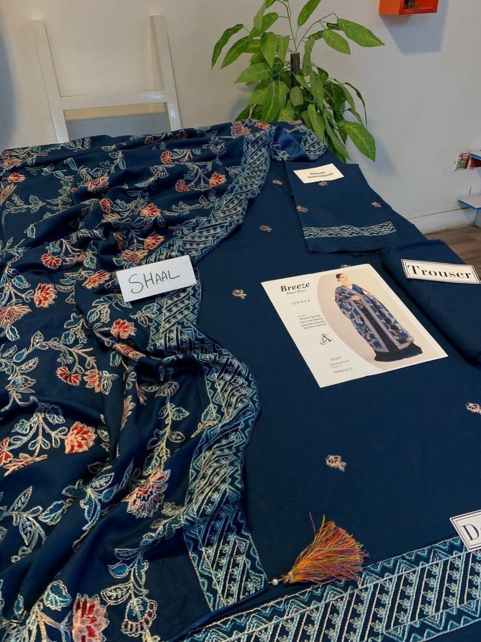 Bareeze Dhanak Unstitched 3 Piece Embroidered Suit with Embroidered Shawl – Blue