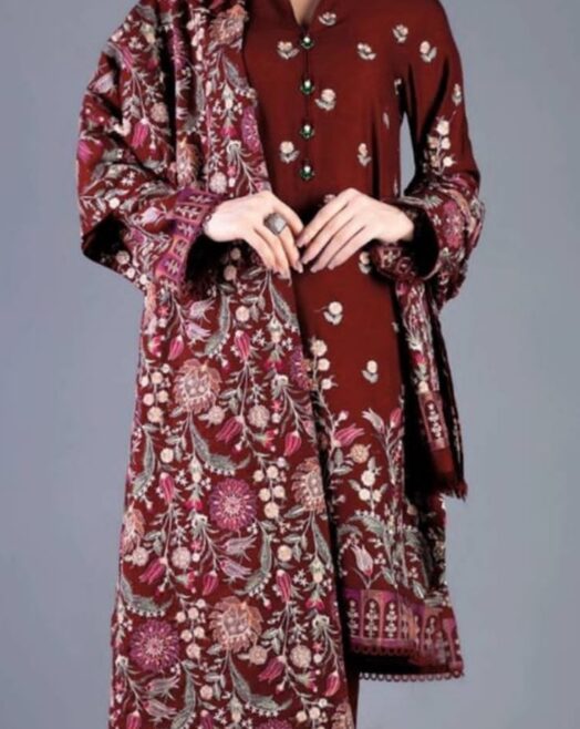 Naqoosh Dhanak Unstitched 3 Piece Embroidered Suit with Embroidered Shawl – Maroon