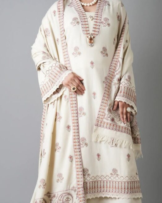 Dhanak Unstitched 3 Piece Embroidered Suit with Embroidered Shawl