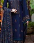 Dhanak Unstitched 3 Piece Embroidered Suit with Embroidered Shawl – Navy Blue