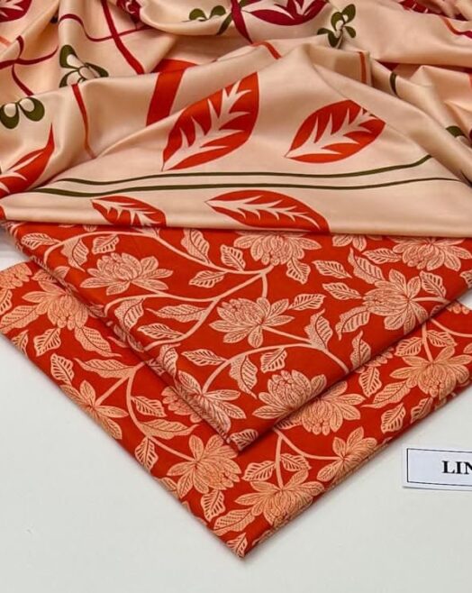 Linen Unstitched 3 Piece Printed Suit with Printed Linen Dupatta – Peach & Orange