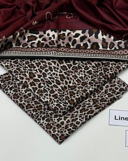 Linen Unstitched 3 Piece Printed Suit with Printed Linen Dupatta – Maroon & Leopard Print