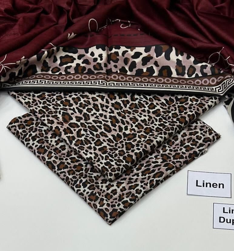 Linen Unstitched 3 Piece Printed Suit with Printed Linen Dupatta – Maroon & Leopard Print