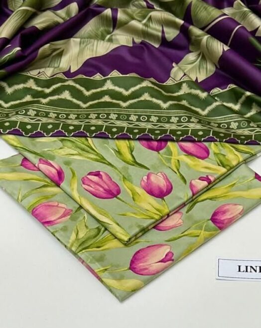 Linen Unstitched 3 Piece Printed Suit with Printed Linen Dupatta – Purple & Olive Green