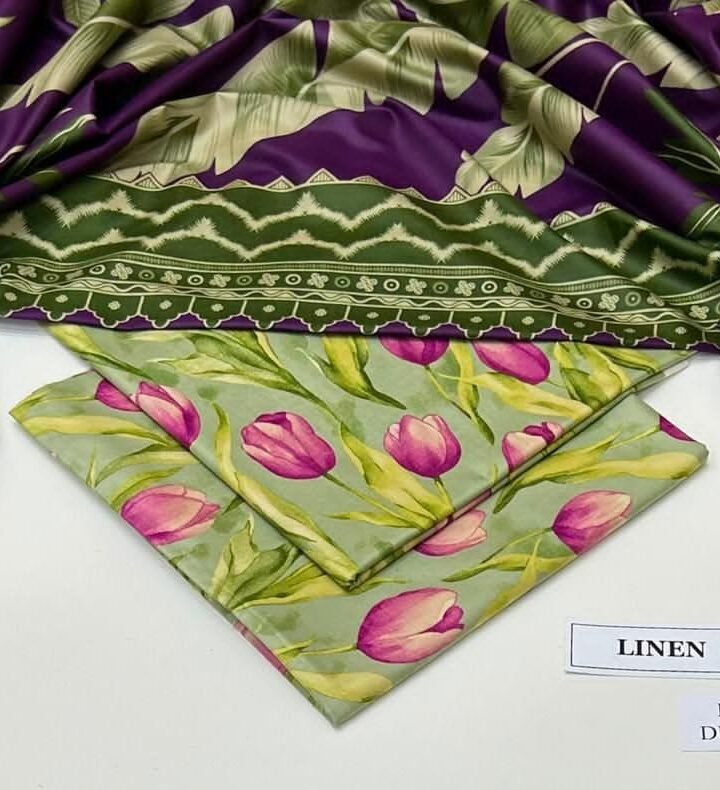 Linen Unstitched 3 Piece Printed Suit with Printed Linen Dupatta – Purple & Olive Green