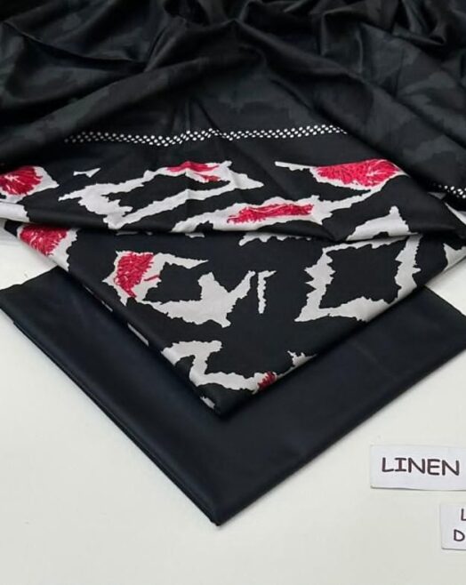 Linen Unstitched 3 Piece Printed Suit with Printed Linen Dupatta – Black & White