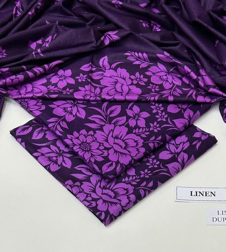 Linen Unstitched 3 Piece Printed Suit with Printed Linen Dupatta – Dark Purple