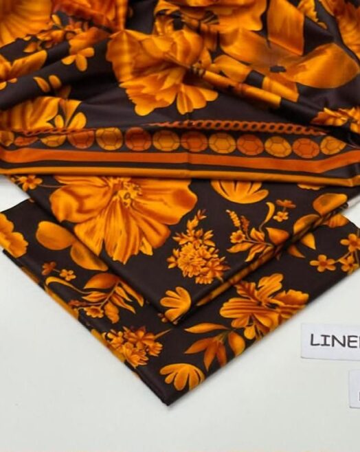Linen Unstitched 3 Piece Printed Suit with Printed Linen Dupatta – Black & Mustard