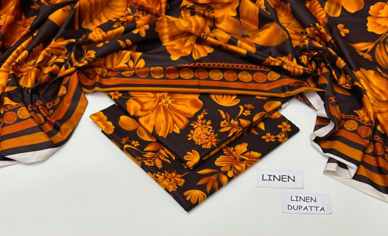 Linen Unstitched 3 Piece Printed Suit with Printed Linen Dupatta – Black & Mustard